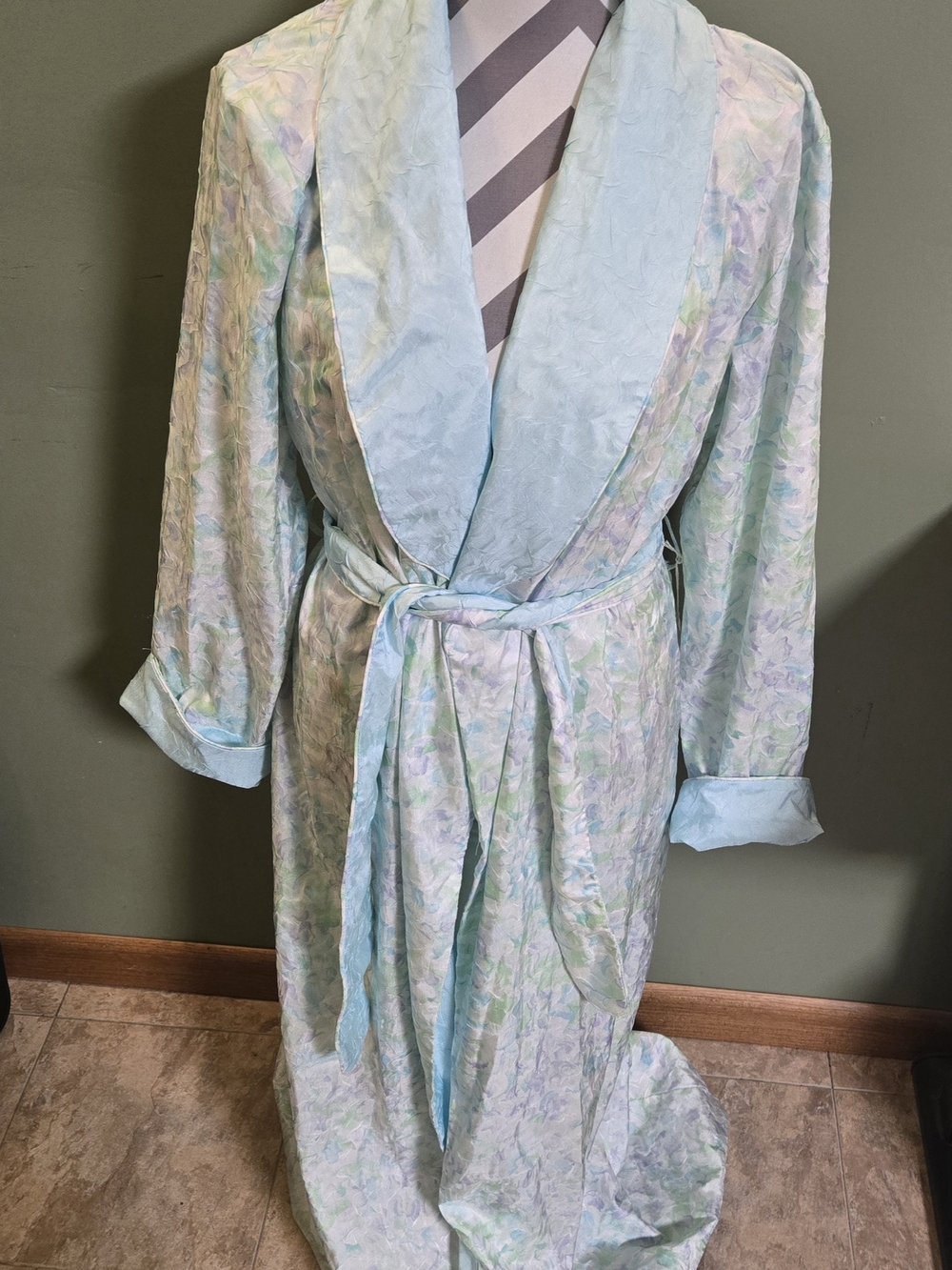 Vintage Eve Stillman Couture House Robe Pastel Floral Blue Satin Trim Size M NWT